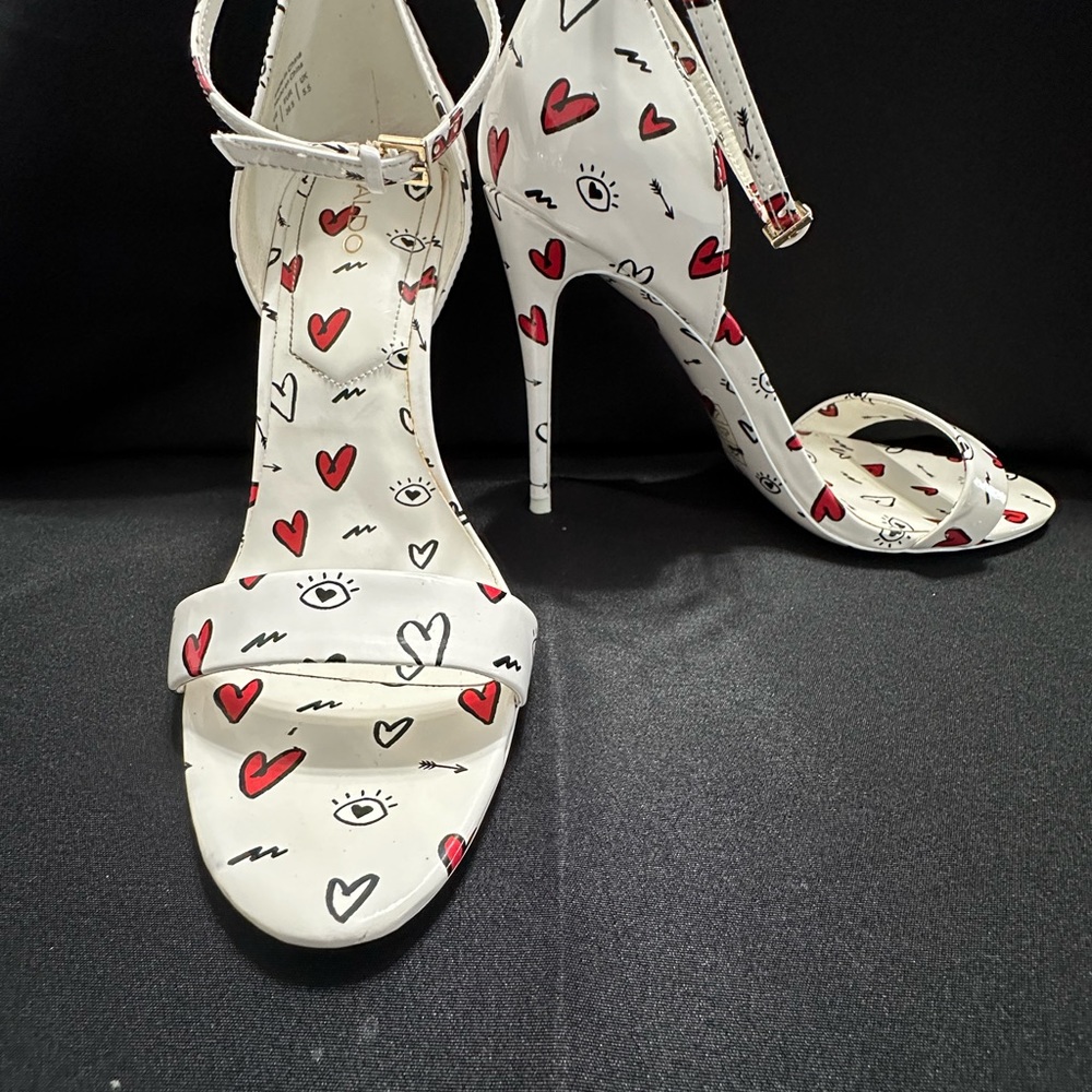 White Heart Print Ankle Strap Stiletto Sandals